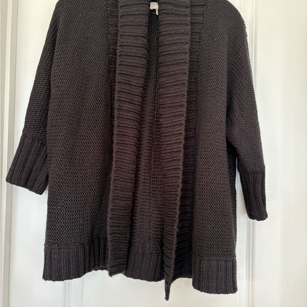 LOFT Women SP Gray Open-Knit Cardigan Sweater Shawl Collar 3/4 Sleeve